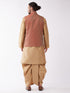 Vastramay Men's Rose Gold Solid Silk Blend Kurta and Dhoti With Maroon Nehru Jacket